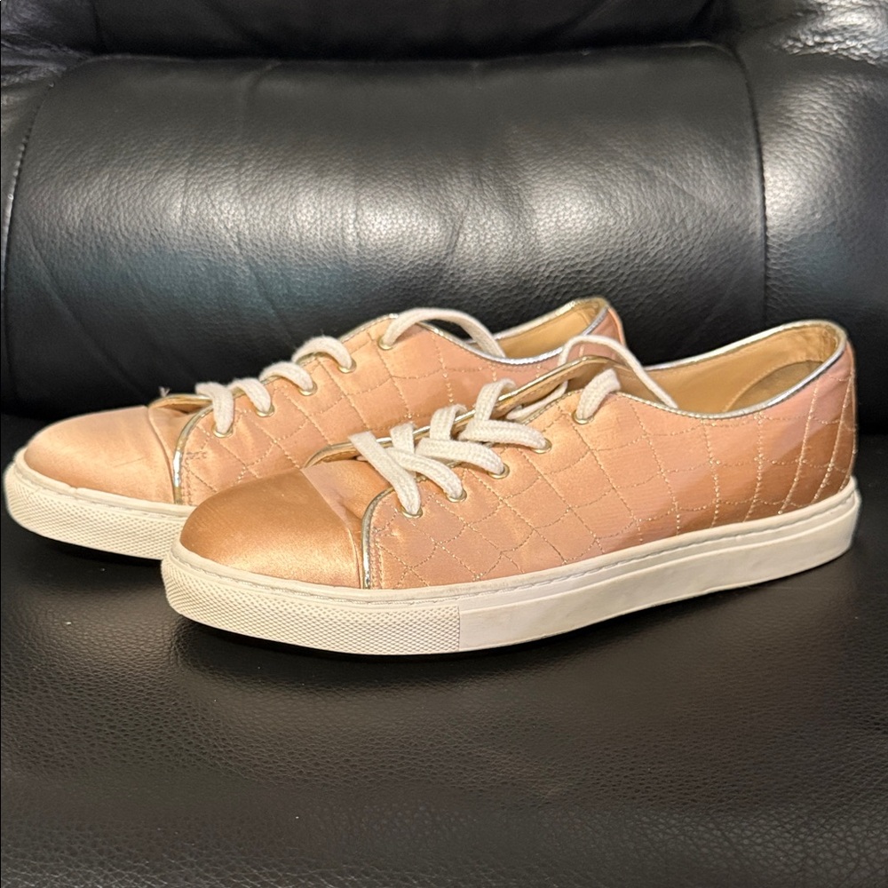 Charlotte Olympia Quilted Peach Satin Lace-Up Sneakers